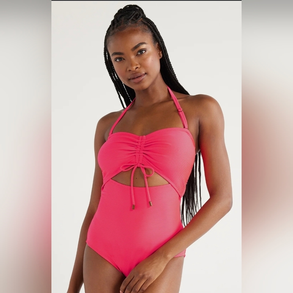 🔵 Time & Tru Red Magic Ribbed Halter Cutout Bikini One-Piece Large Pink